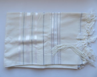 Kosher Wool Tallit Shawl, White Silver Stripes, Bar Mitzvah Wedding Prayer Shawl