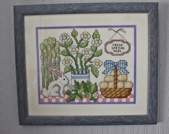 romantic landscape with windmill Framed cross stitched retro embroidery painting mid century sailboat and farm