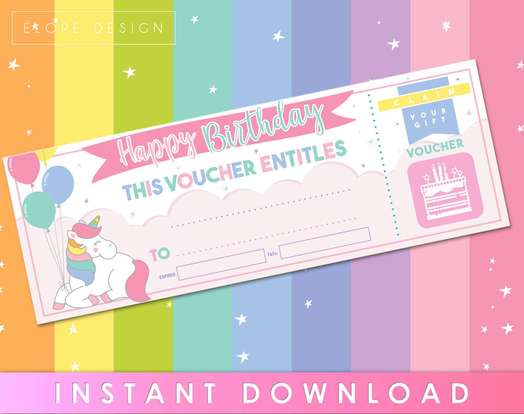 Unicorn - Gift Voucher - Blank Coupon - Girls - Birthday Day Gift ...