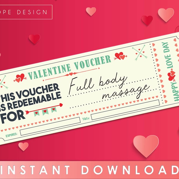 Valentine Voucher - Full body massage Coupon - Valentine's Day Gift- Present - Love - Hearts - Red - Instant Download - Printable