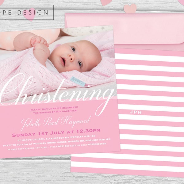 Personalised- Photograph - Baby/Child - Girls Christening/Baptism Invitation - Pink - Stripes - Initials - Flat - Square - Double Sided