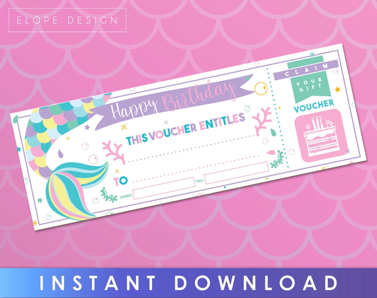 Mermaid - Gift Voucher - Blank Coupon - Girls - Birthday Day Gift- Present - Last Minute Gift - Instant Download - Printable