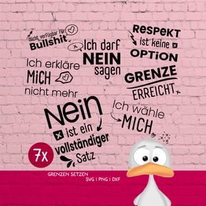 Puede incluir: Un diseño gráfico digital con frases en alemán sobre establecer límites, incluyendo 'Ich darf NEIN sagen' y 'Nein ist ein vollständiger Satz', junto a un personaje de pato de dibujos animados sobre un fondo de ladrillo rosa con texto SVG, PNG, DXF.