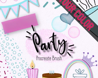 Party Brushes Procreate Set with cake, banner, crown, candles, party hats, rainbow, happy birthday lettering and more