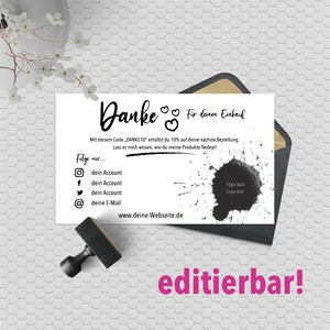 Danke Karte für deinen Einkauf schwarz editierbar, Kunden Danke sagen, ausdrucken, PDF versenden, Gutschein Möglichkeit, selbst beschreiben