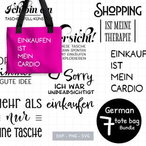 Puede incluir: Un bolso tote rosa brillante con asas negras. El bolso presenta el texto "EINKAUFEN IST MEIN CARDIO" en blanco. La imagen incluye frases en alemán y un círculo negro con "German tote bag bundle".