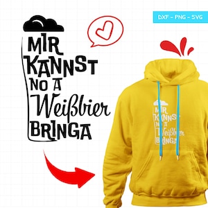 May include: Yellow hoodie with a front pocket and blue drawstrings. The hoodie features a white graphic with the text "MIR KANNST NO A Weißbier BRINGA" in a beer glass design. A red arrow points towards the hoodie.