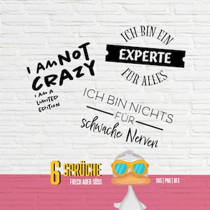 Könnte beinhalten: Ein weißer Backsteinmauer-Hintergrund mit sechs schwarzen Textphrasen. Die Phrasen beinhalten "I AM NOT CRAZY", "I AM A LIMITED EDITION" und "ICH BIN EIN EXPERTE FÜR ALLES". Am unteren Rand befindet sich eine Cartoon-Ente mit Sonnenbrille.