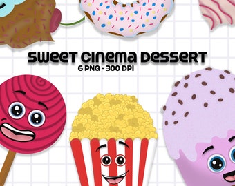 Cute dessert for party clipart, cinema decoration, birthday invitation, popcorn, ice cream, donut and cupcake