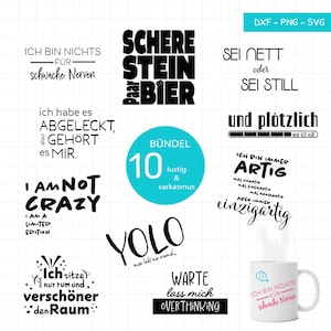 Puede incluir: Una colección de diseños de texto en alemán en negro, blanco y turquesa. Los diseños incluyen frases como "I am not crazy" y "YOLO", junto con una taza blanca con texto. La imagen es adecuada para arte digital o impresión.