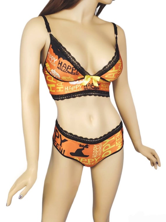 Happy Halloween Printed Bralette and Panties Set Handmade Sexy