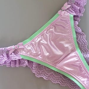 Satin Ruffled Thong Panties With Rose Bows Women&#39;s Cute Underwear Satin Underwear Vintage Lingerie Vintage Satin Thong Handmade In The USA