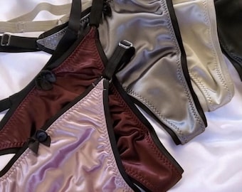 Handmade Satin Thong Panties: Stretchy Lingerie with Bow