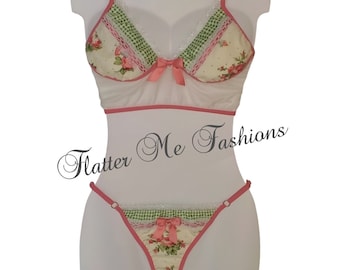 Komplet bielizny z bawełny w kratkę gingham floral bralette, ręcznie robiony w USA