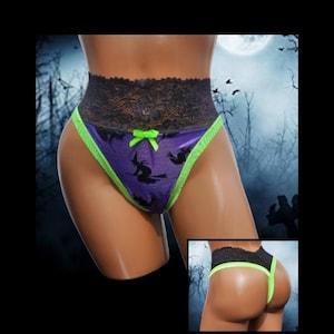 Metallic Purple Witch With Neon Green Halloween Thong Panties Stripper G-string Women&#39;s Underwear Sexy Gift Halloween Costumes Witch Outfits