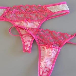 Heart Embroidered Mesh Panty Set Super Comfortable Thong Panty Handmade Lingerie Cute Panty Women&#39;s Underwear Women&#39;s Heart Valentine Panty