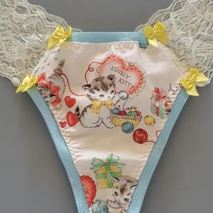 Lovely Kitty Cotton And Lace Thong Panties Handmade In The USA Lingerie Cute Panties Women&#39;s Underwear Women&#39;s Lace Panty Kitten Underwear