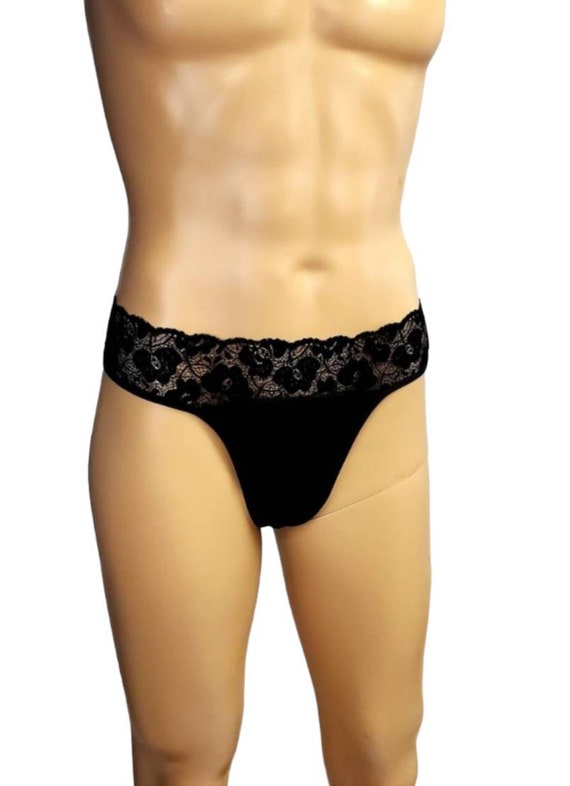 Black Lace G-string for Men, Adjustable, Lined, Comfortable Thong