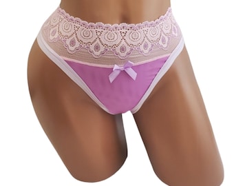 Lace Mesh Thong Panty: Pink & Lilac, Handmade USA