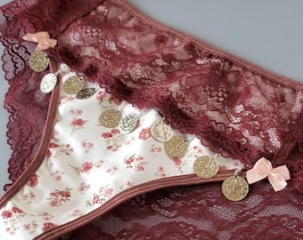 Braguitas de encaje con flecos de monedas hechas a mano - Ropa interior de algodón floral