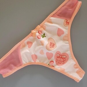 Love Heart Valentine Printed Cotton Thong Panty With Love Charm Handmade Lingerie Cute Panties Women&#39;s Underwear Women&#39;s Valentine Thong