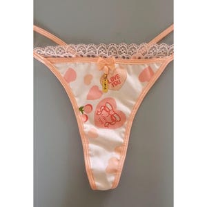 Love Heart Valentine Printed Cotton Thong Panty With Love Charm Handmade Lingerie Cute Panties Women&#39;s Underwear Women&#39;s Valentine Thong