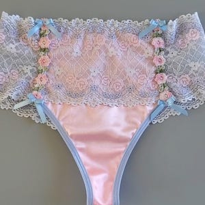 One Of A Kind! Pink Satin And Lace Cheeky Panties With Embroidered Trim Handmade Panty Cute Women&#39;s Underwear Satin Lace Panty Vintage