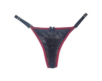 Glitter Mesh Thong Panties: Rhinestone Bow, Adjustable Straps (Size Small)