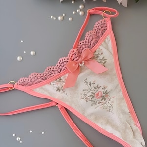 Flower Printed Cotton Tback Panty With Pearl Bow Cute Panties Women&#39;s Underwear Vintage Thong Vintage Lingerie Handmade Floral Thong Panty