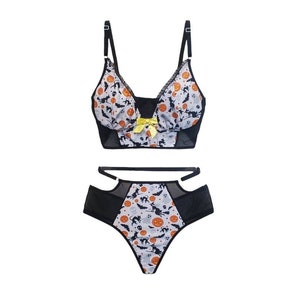 Handmade Halloween Lingerie Set Spooky Printed Spandex Exclusive Halloween Design Halloween Costumes Sexy Halloween Lingerie Set