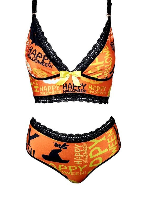 Happy Halloween Printed Bralette and Panties Set Handmade Sexy Lingerie  Adult Halloween Costume Women's Lingerie Stripper Thong G-string -   Canada