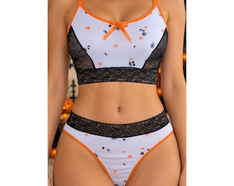 Handmade Halloween Spiderweb Lingerie Set, Women’s Bralette & Men’s or Women’s Mid Rise Thong, Spider Mesh Lace Underwear