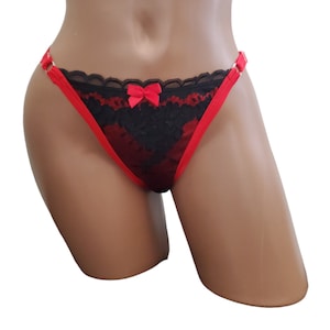 Red And Black Lace Handmade T-Back Adjustable Straps Thong Women&#39;s Lingerie Mesh Gothic Underwear Bondage Cage Lingerie Panties Underwear