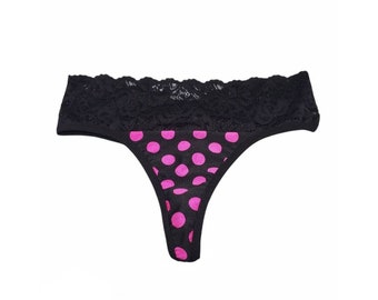 Handmade Polka Dot Thong, Hot Pink Panties with Black Lace