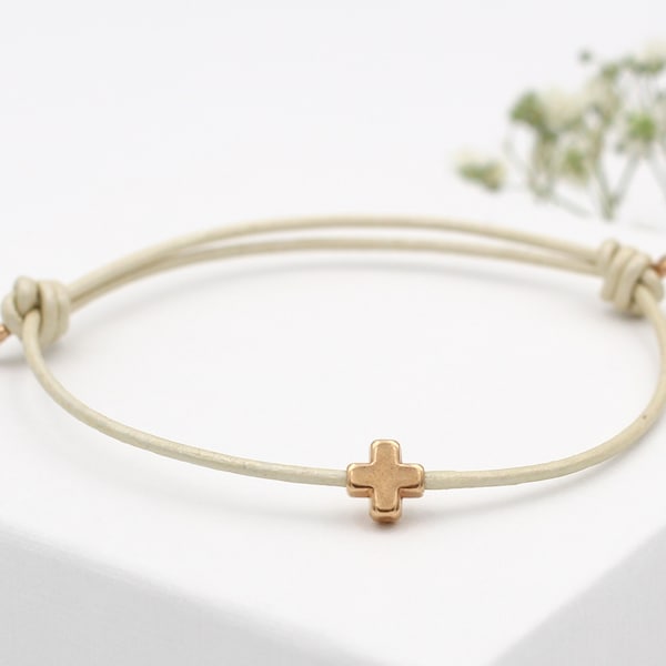 Leather bracelet cross rose gold, silver or gold colored, color choice