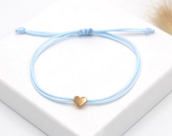 Blaues Armband Hochzeit, Makrameearmband hellblau mit Herz rosegold-, silber- oder goldfarben