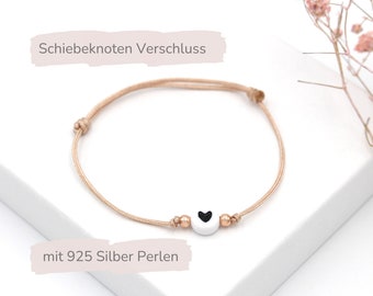 Schiebeknoten Armband mit Herz und 925 Silber Perlen, große Farbauswahl, Freundschaftsarmband Damen