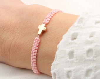 Armband mit Kreuz 925 Silber, Makramee, Kommuniongeschenk Mädchen