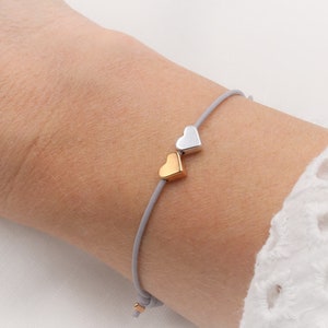 Leather bracelet 2 hearts bicolor, rose gold, silver or gold colored