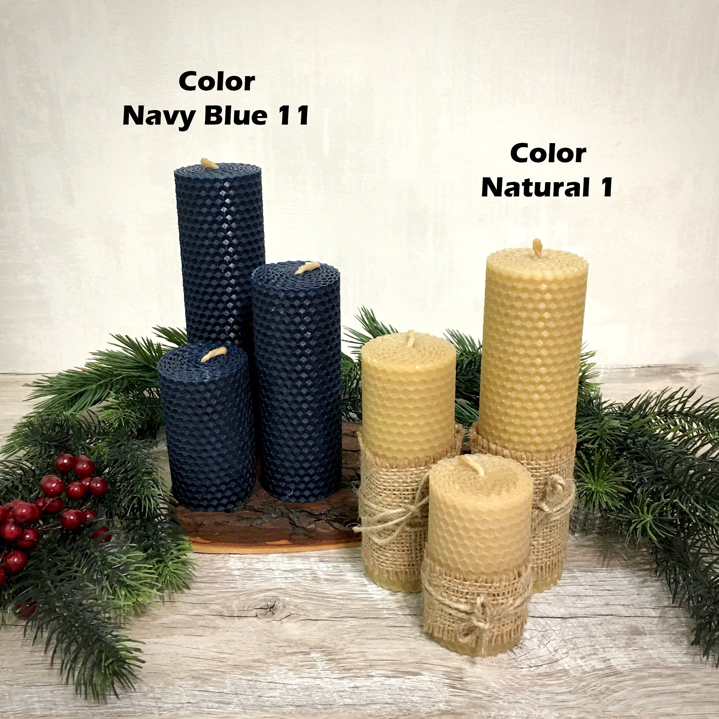 Natural beeswax pillar candles set of 3 navy beeswax taper Etsy