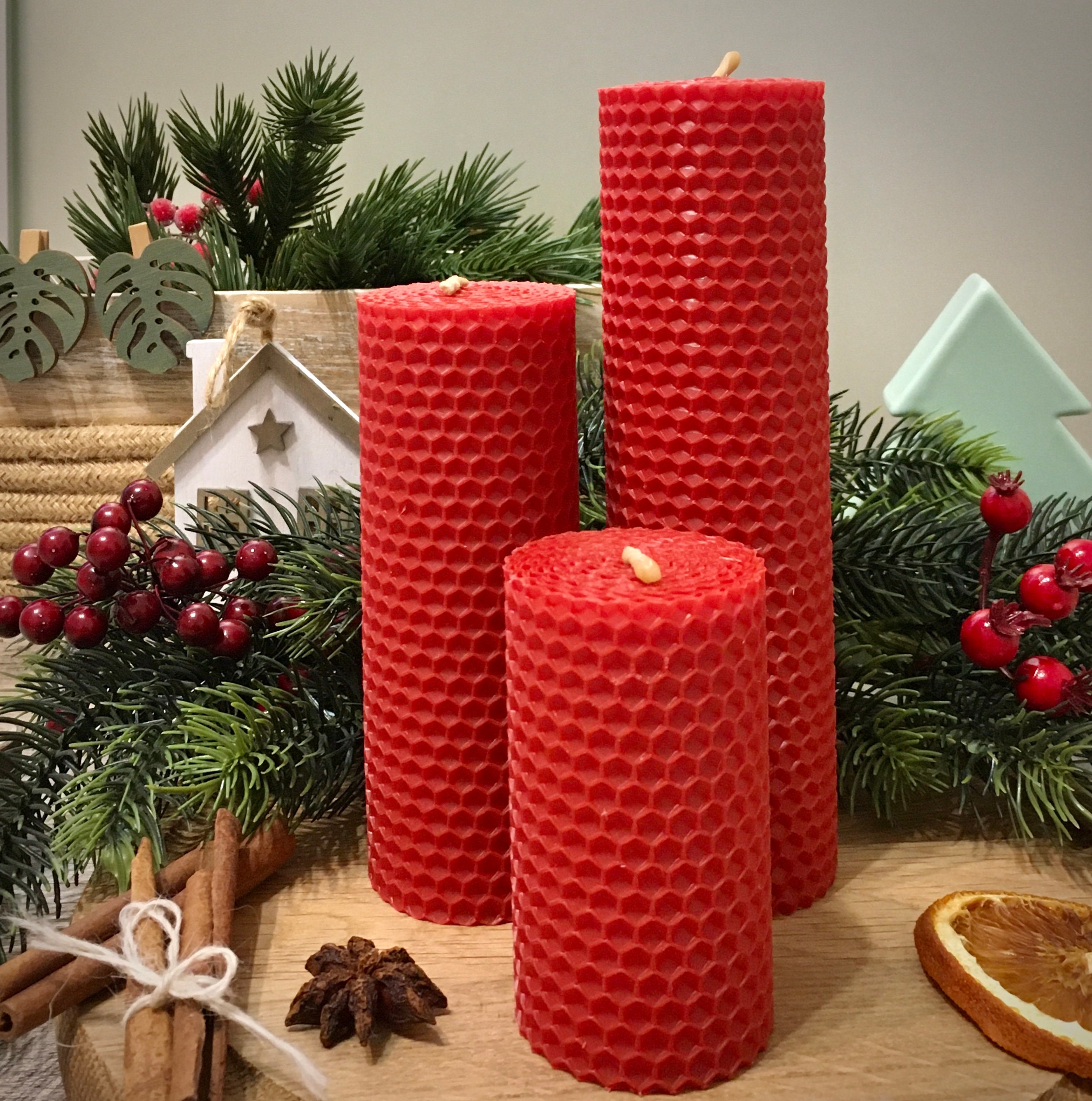 Red Christmas beeswax candles set of 3 beeswax pillar candles Etsy
