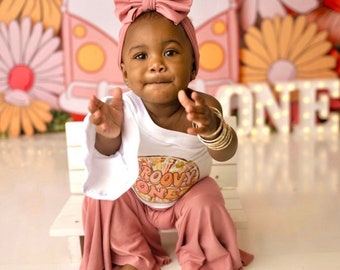Groovy ONE  Babe outfit | bell bottoms | headband| birthday top | boho babe | snap free onesie