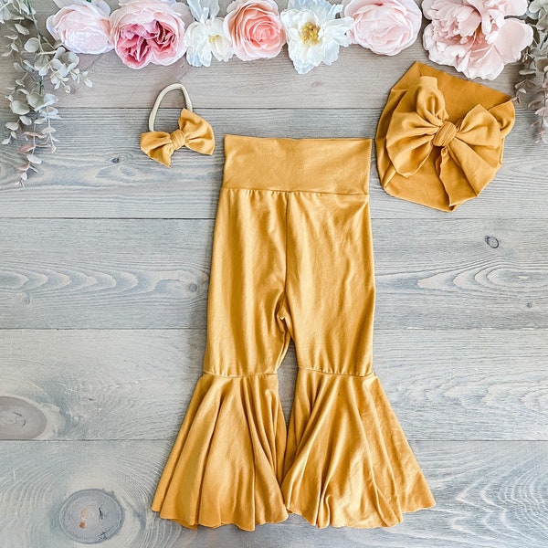 Yellow|mustard bell bottoms| baby girl bell bottoms| toddler bell bottoms