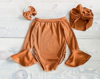 Baby bell sleeve off the shoulder onesie | baby onesie| matching headbands |blush color|snap free onesie