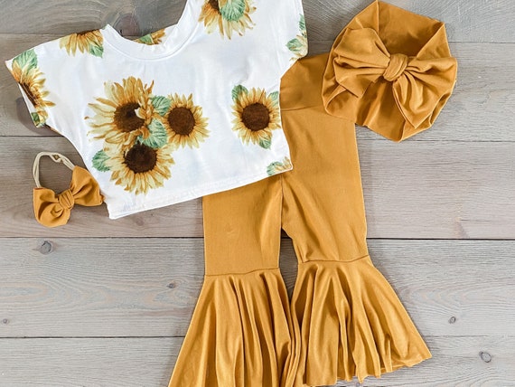 Boho Babe Sunflower Crop Top Mustard Bell Bottoms Toddler Girl