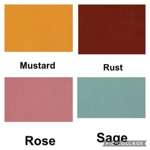 May include: Four color swatches, labeled "Mustard", "Rust", "Rose", and "Sage". The swatches are arranged in a grid, with "Mustard" in the top left, "Rust" in the top right, "Rose" in the bottom left, and "Sage" in the bottom right.