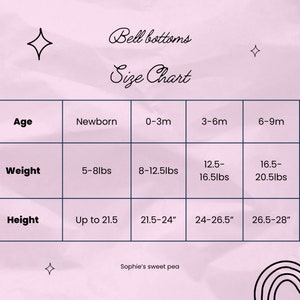 May include: A size chart for bell bottom pants for babies, showing age, weight, and height ranges in inches and pounds. The chart is on a pink background with a white border.