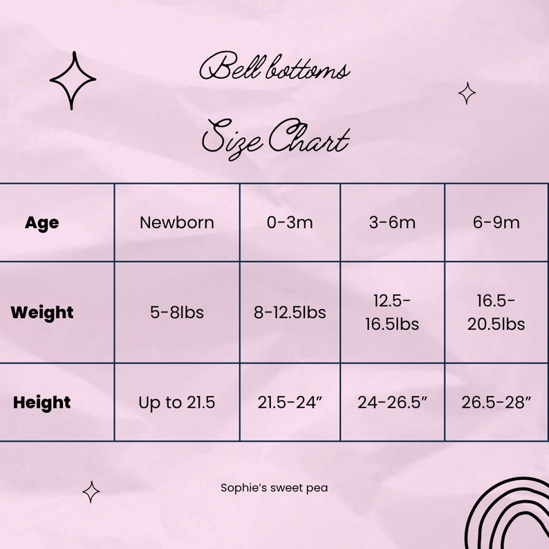 May include: A size chart for bell bottom pants for babies, showing age, weight, and height ranges in inches and pounds. The chart is on a pink background with a white border.