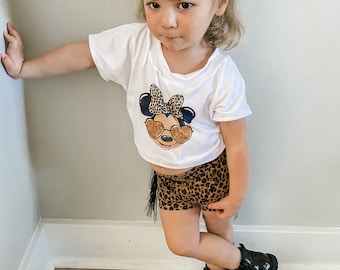 Leopard and Minnie inspired outfit | fringe bummie shorts| crop top| toddler girl| baby girl outfit