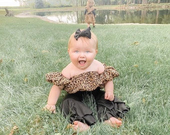 Leopard print outfit| crop top| baby girl| toddler girl| black bell bottoms